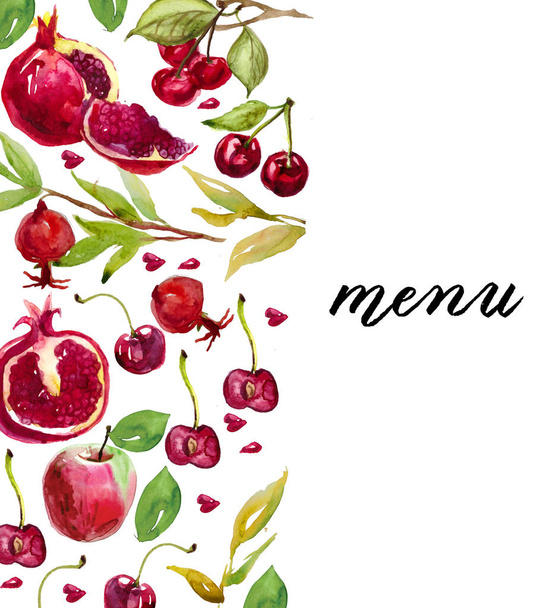 Kirsche und Granatapfel in Aquarell gemalt. handgezeichnete Aquarell-Illustration von Früchten. Kirsche im Schnitt, Granatapfel im Schnitt. Menü - Foto, Bild