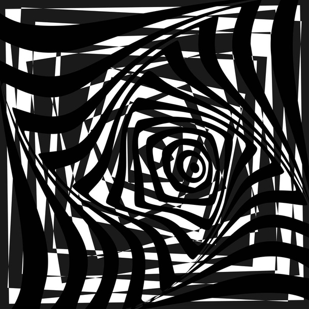 Forma retorcida abstracta en blanco y negro. Ilusión óptica de superficie distorsionada. Rayas retorcidas
. - Vector, Imagen