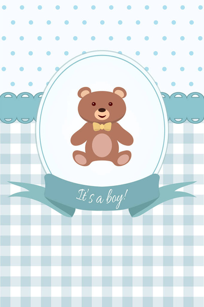 Baby boy shower or arrival card with teddy bear. Flat design - Wektor, obraz