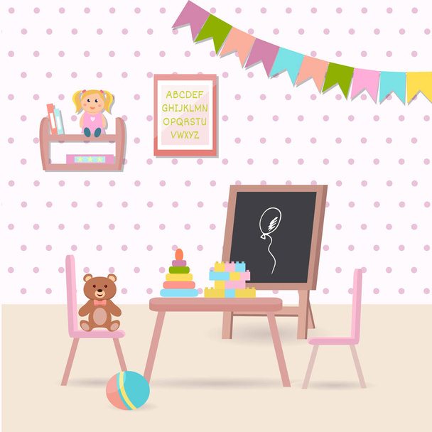 Ilustración de habitación infantil preescolar con mesa, alfabeto, sillas
, - Vector, Imagen
