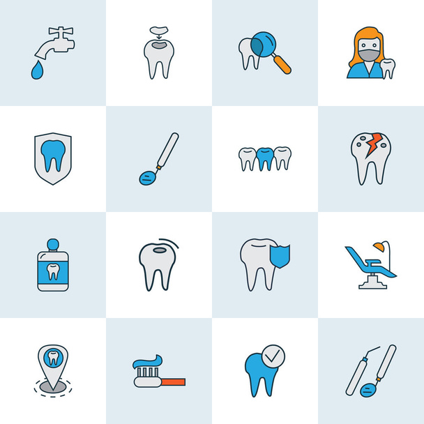 Iconos de dientes de línea de colores con cuidado dental, empastes dentales, dientes y otros elementos dentales rotos. Iconos de dientes de ilustración vectorial aislado
. - Vector, Imagen