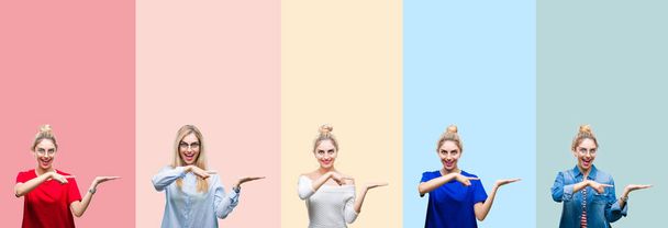 Collage van mooie blonde vrouw op kleurrijke strepen geïsoleerde achtergrond verbaasd en lachend naar de camera tijdens het presenteren met hand en met de vinger te wijzen. - Foto, afbeelding