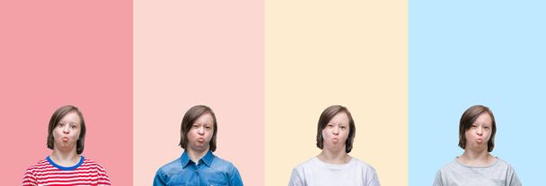Collage del síndrome de Down mujer sobre rayas de colores aislados fondo hinchando mejillas con cara divertida. Boca hinchada con aire, expresión loca
. - Foto, imagen