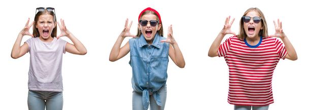 Collage of young little girl kid wearing sunglasses over isolated background crazy and mad shouting and yelling with aggressive expression and arms raised. Frustration concept. - Photo, Image