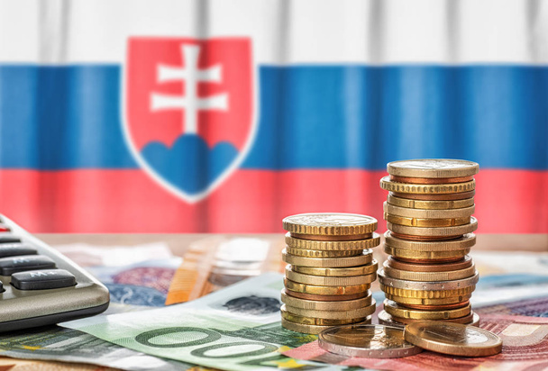 Euro-Banknoten und -Münzen vor der slowakischen Nationalflagge - Foto, Bild