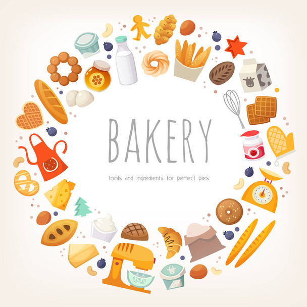 Group of dairy products, bread and bakery goods  - Vector, Image
