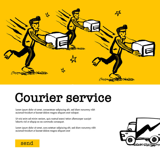 Concepto de servicio de mensajero. Banner web con chicos de Delivery entregando una caja sobre fondo amarillo. Doodle tinta estilo vector ilustración
. - Vector, imagen