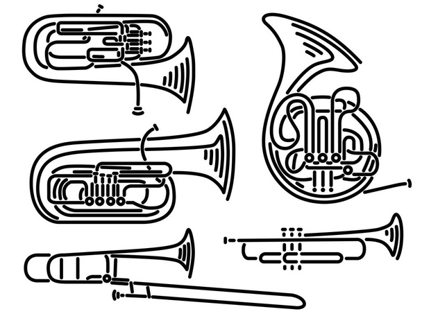 Set of vector brass wind musical instruments drawn by lines. - Vector, Image