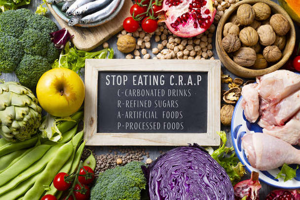 unprocessed food and text stop eating CRAP - Photo, Image