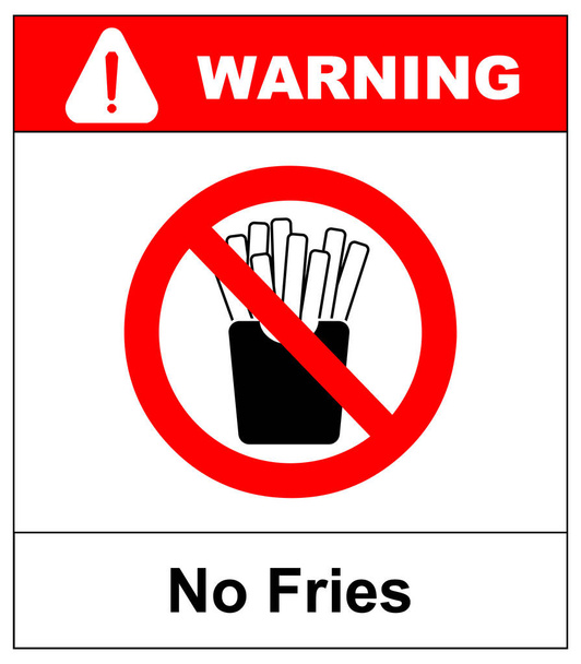 Schluss mit Pommes. Fettiges Fast Food verbieten. Kartoffelscheiben in Pappschachtel. Emblem gegen Essen. Rotes Verbotsschild. Verbotene giftige Mahlzeiten - Foto, Bild
