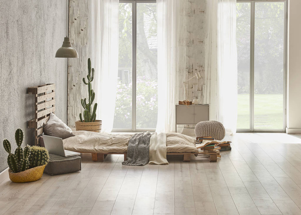 Спальня в сірій кам'яній стіні з дерев'яним стилем піддону, катаклізми в спальні
 - Фото, зображення