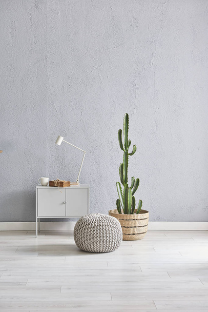 Grijze stenen muur achtergrond, grijze interieur kamer, modern huis, cactuses. Home voorwerpen in de kamer en parket detail - Foto, afbeelding