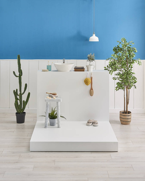 Lähikuva kylpy ja pesuallas tyyli, sininen ja valkoinen seinä, peili ja kylpylä sisustus
 - Valokuva, kuva