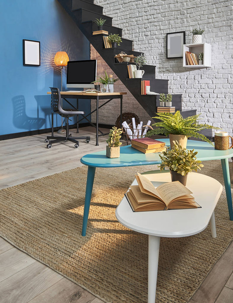 Modern living room, white brick wall, wooden desk and desktop, black stair, carpet sofa in interior
. - Фото, изображение