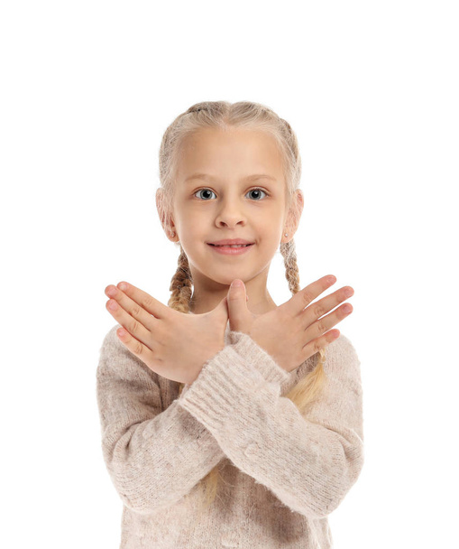 Little girl on white background. Concept of speech therapy - Photo, Image