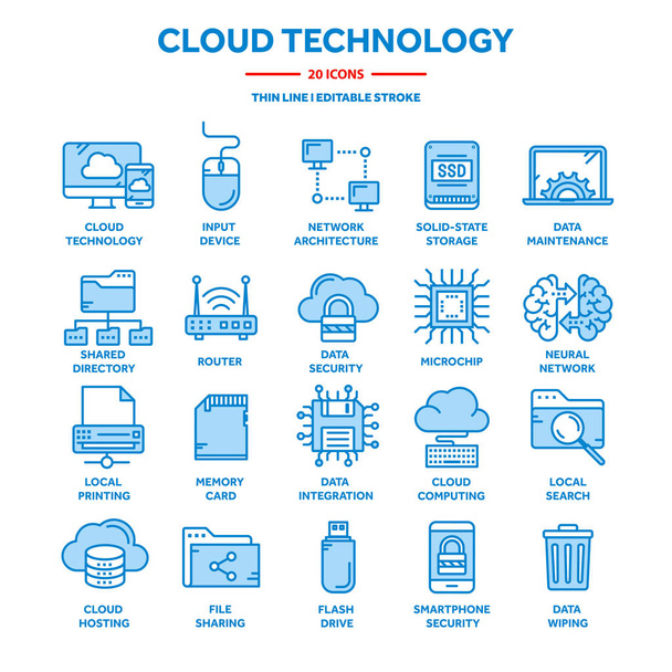 Το cloud computing. Τεχνολογία διαδικτύου. Ηλεκτρονικές υπηρεσίες. Δεδομένα, πληροφορίες ασφαλείας. Σύνδεση. Ορίστε εικονίδιο μπλε web λεπτή γραμμή. Περίγραμμα συλλογή εικόνων. Εικονογράφηση διάνυσμα. - Διάνυσμα, εικόνα