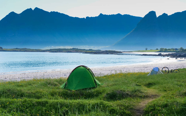 Seascape with tent on beach, Lofoten Norway - Fotó, kép