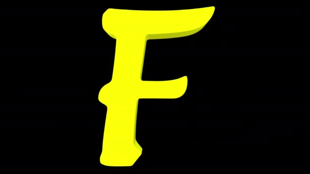 3D-weergave van een computer gegenereerde animatie van een transformatie van de letter "D" op de "E" en dan op de letter "F", gevolgd door de omgekeerde transformatie. Op zwarte achtergrond, gevolgd door alpha mat geel. - Video