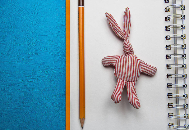 white blank notepad and rabbit toy , flat lay  - Fotoğraf, Görsel