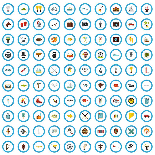 100 iconen van de vrije tijd instellen, vlakke stijl - Vector, afbeelding