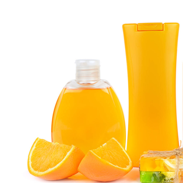 Orange natural cosmetic products: Suntan oil and lotion. Vials i - Zdjęcie, obraz