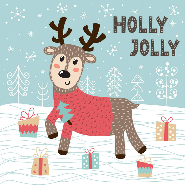 Holly Jolly Christmas z życzeniami z jelenia słodkie. Ilustracja wektorowa - Wektor, obraz