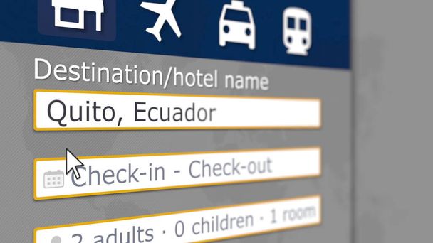Recherche d'un hôtel à Quito, Equateur sur un site de réservation en ligne. Rendu 3D lié au voyage
 - Photo, image