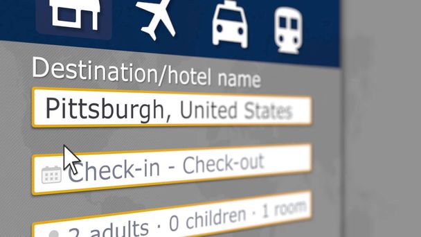 Recherche d'hôtel à Pittsburgh, États-Unis sur un site de réservation en ligne. Rendu 3D lié au voyage
 - Photo, image