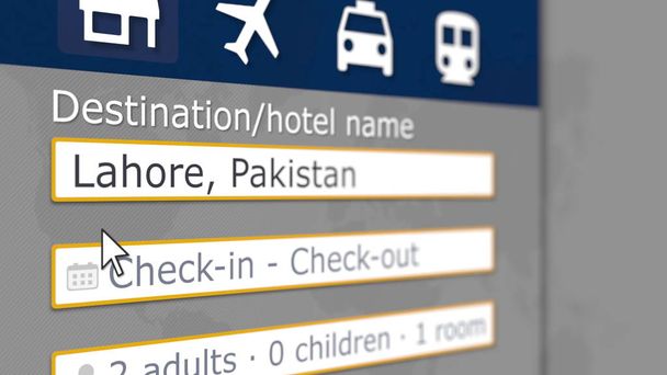 Búsqueda de hotel en Lahore en algún sitio de reserva. Viajar a Pakistán renderizado 3D relacionado
 - Foto, Imagen