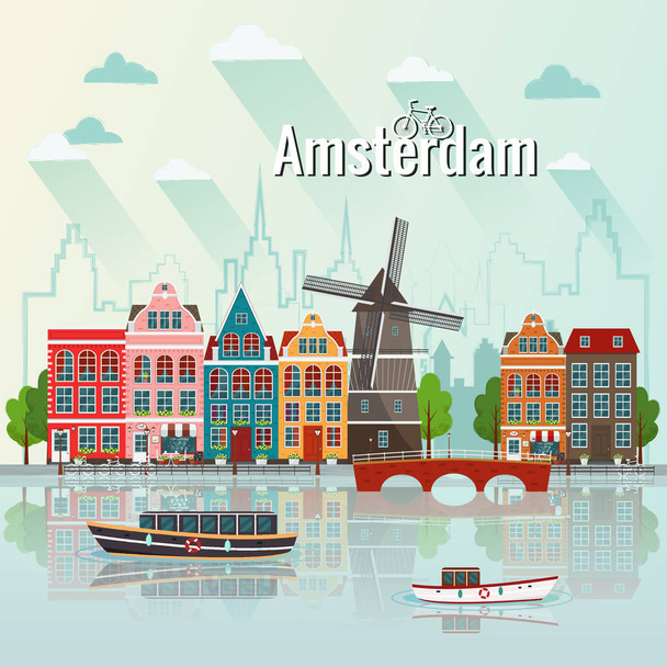 Vector illustration of Amsterdam. Old european city. - Vektor, obrázek