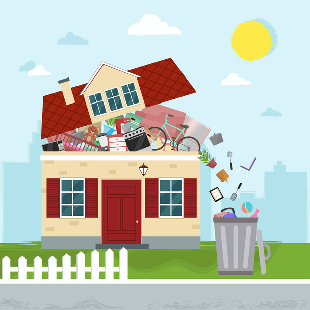 The concept of excessive consumerism. House bursting of stuff. T - Vector, Image