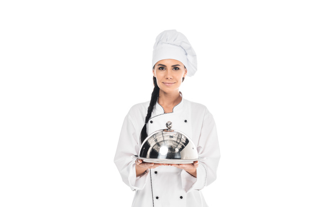 Chef en chapeau tenant plateau avec cloche isolé sur blanc
 - Photo, image