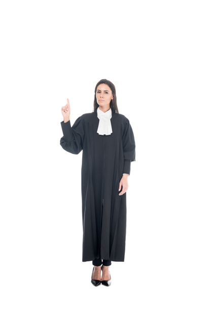 Full length view of judge in judicial robe showing idea gesture isolated on white - Foto, Imagen