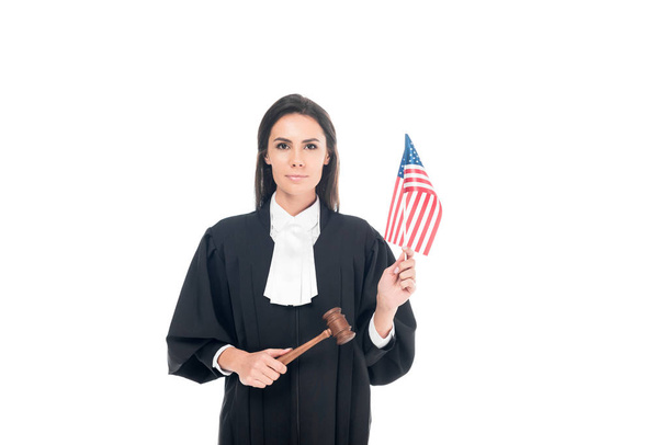 Judge holding gavel and american flag isolated on white - Foto, immagini