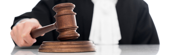 Panoramic shot of judge in judicial robe holding gavel isolated on white - Φωτογραφία, εικόνα