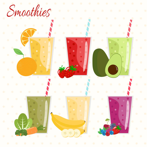 Cartoon smoothies. Orange, strawberry, berry, banana and avocado - Вектор, зображення