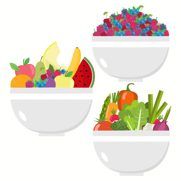 Vegetable bowl. Fruit bowl. Berry bowl. Isolated on white backgr - Vector, Image