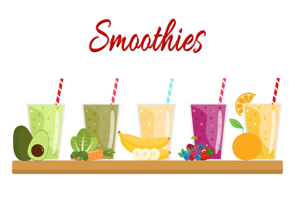 Cartoon smoothies. Orange, berry, banana, green and avocado smoo - Vector, Image