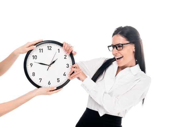 Screaming irritated businesswoman in glasses holding clock isolated on white - Photo, Image