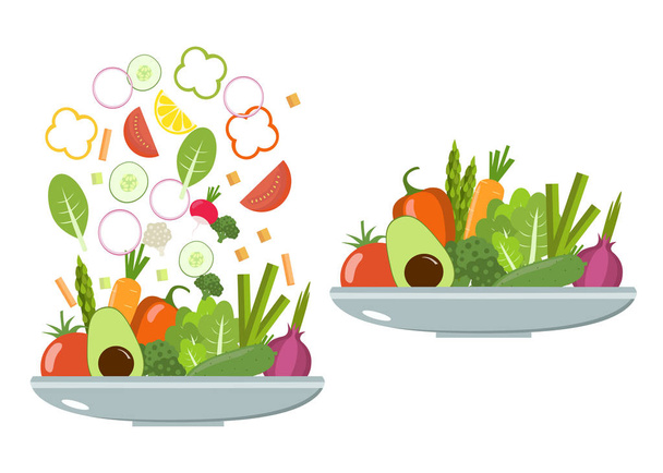 Vegetable  plates. Slices of vegetables. Flat design. - Vector, Image