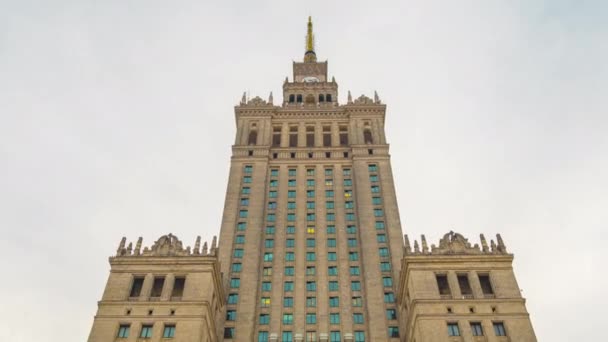 Time lapse of the spire of Palace of Culture and Science, historic high-rise building in the centre of Warsaw, Poland - Footage, Video