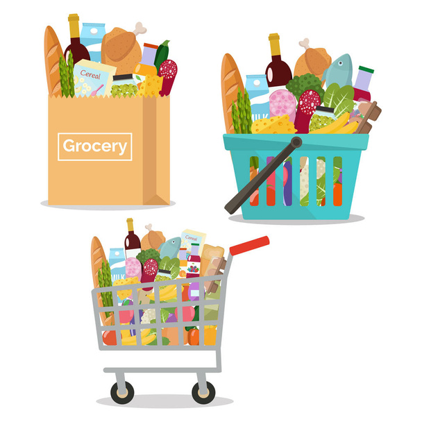 Lebensmittelgeschäft in einer Papiertüte, im Einkaufswagen und im Warenkorb. - Vektor, Bild