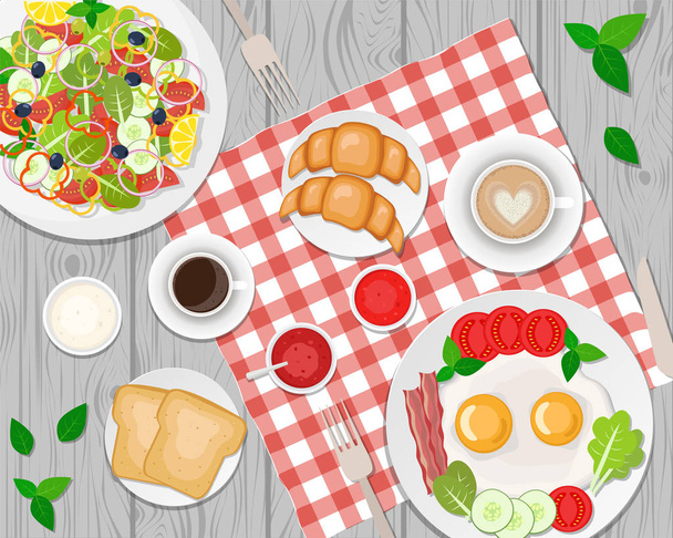 Ilustración vectorial de desayuno saludable sobre la mesa. Huevo frito
 - Vector, Imagen