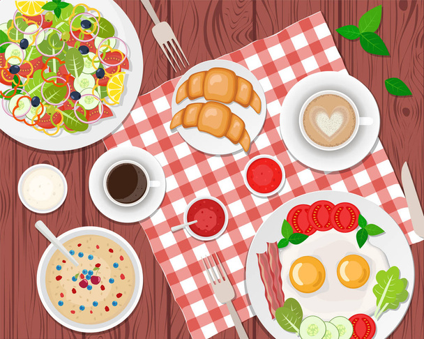 Εικονογράφηση διάνυσμα υγιεινό πρωινό στο τραπέζι. Αυγό τηγανιτό - Διάνυσμα, εικόνα