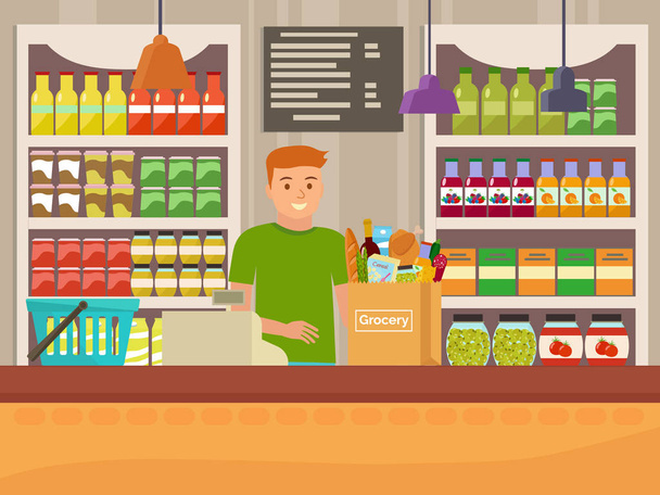 Vector illustration of cashier in grocery store. Flat design. - Vector, Image