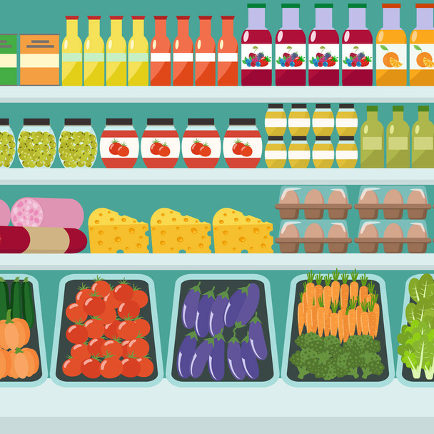 Store shelves with groceries, food and drinks. Vector flat illus - Vector, Image