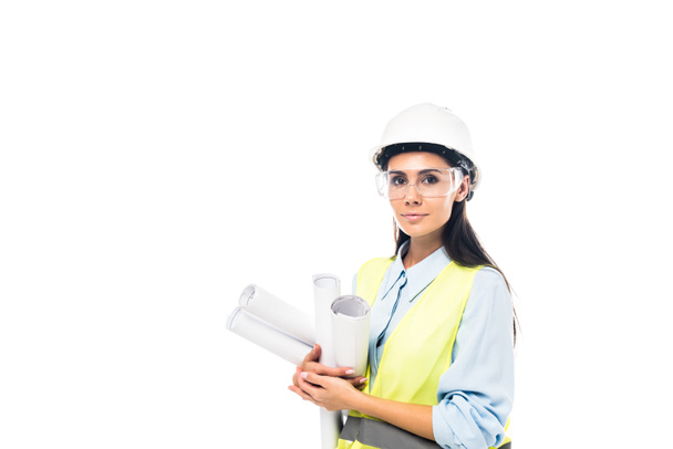 Inženýr v bezpečnostní přilba a brýle drží plány izolované na bílém - Fotografie, Obrázek