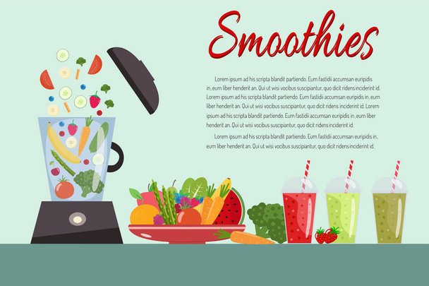 Cooking smoothies. Plate full of vegetables and fruits. - Vector, Image