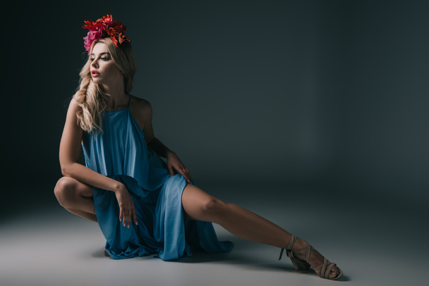 beautiful and blonde woman in elegant dress and wreath looking away  - Fotografie, Obrázek
