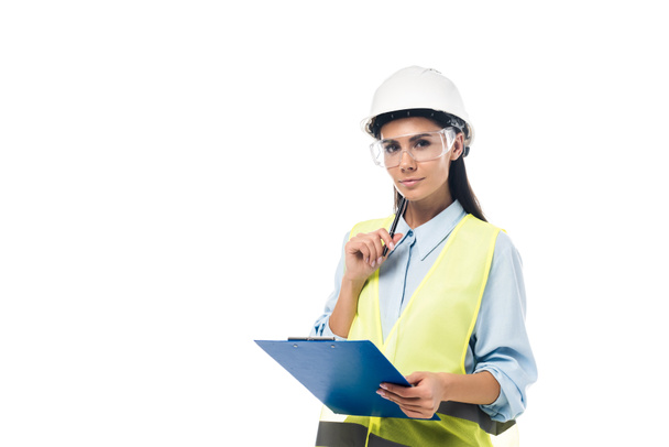 Engineer in hardhat holding clipboard isolated on white - Photo, Image